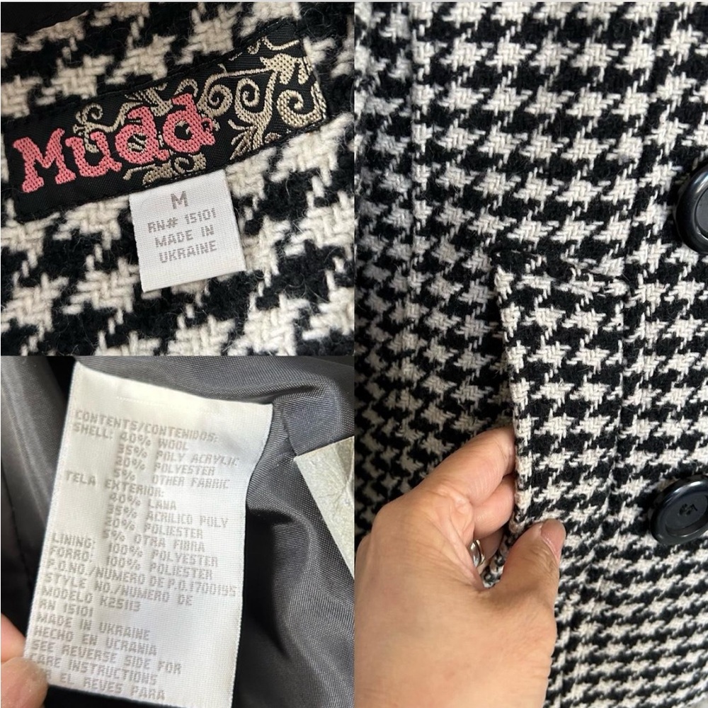 Vintage Y2K Mudd double-breasted Houndstooth Peacoat wool blend size medium - Picture 8 of 8